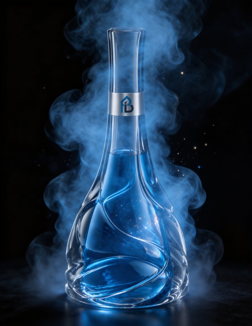 Render botella premium de vidrio con atmósfera azul